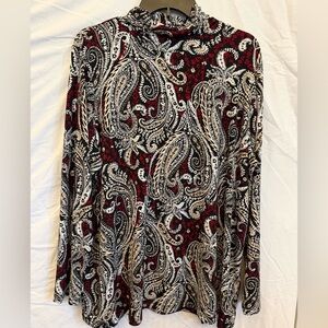 1X Susan Graver Black Paisley Top with Red & Cream Accents